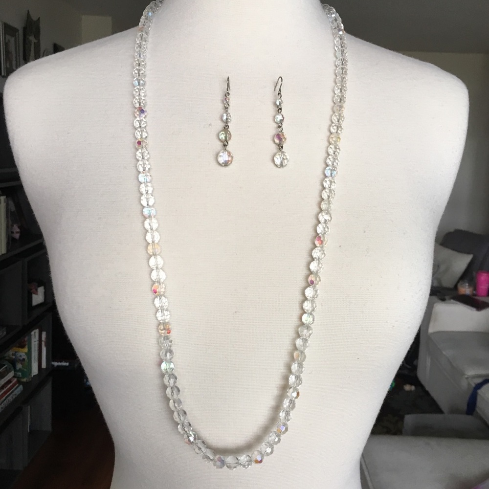 Clear Glass Beaded Necklace and Earring Set